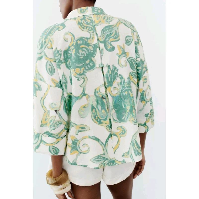 قميص نسائي فاخر بأكمام واسعة فضفاضة على الطراز الهونغ كونغي، تصميم ربيعي جديد بطباعة زهور، أكمام طويلة عادية من ألياف البوليستر