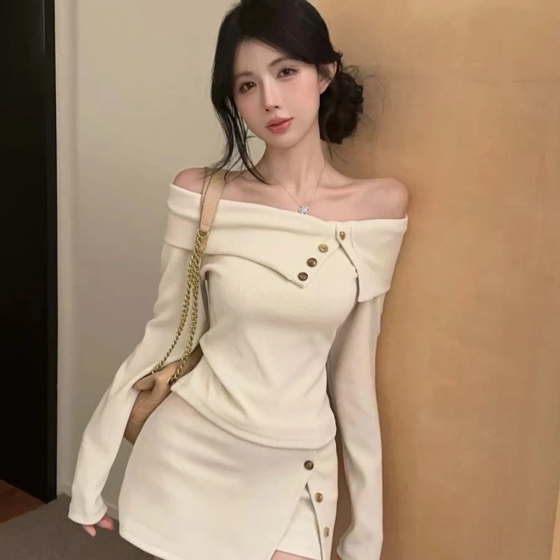 

Spicy girl sexy off shoulder design cinched waist irregular slim fit long sleeved top slit hip hugging half body skirt set