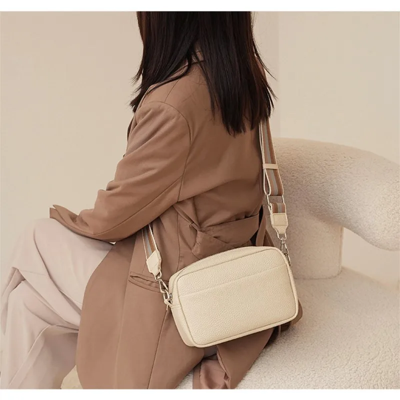 Solid Color Pu Wide Strap Crossbody Bags For Women New Leather Small High Quality Handbags Designer Shoulder Bag Luxury Simple