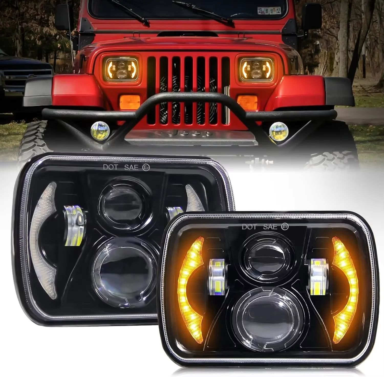 

5x7 7x6" Inch LED Square Headlight Projector Headlight Hi/Lo Beam With White Amber DRL For Ford Chevy GMC Jeep Toyota Nissan etc