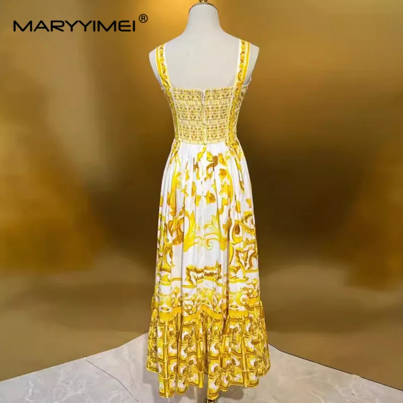 MARYYIMEI Fashion Designer Summer Woman\'s Cotton Square-neck Sexy Spaghetti Strap Backless Baroque Print Beach Style Dresses