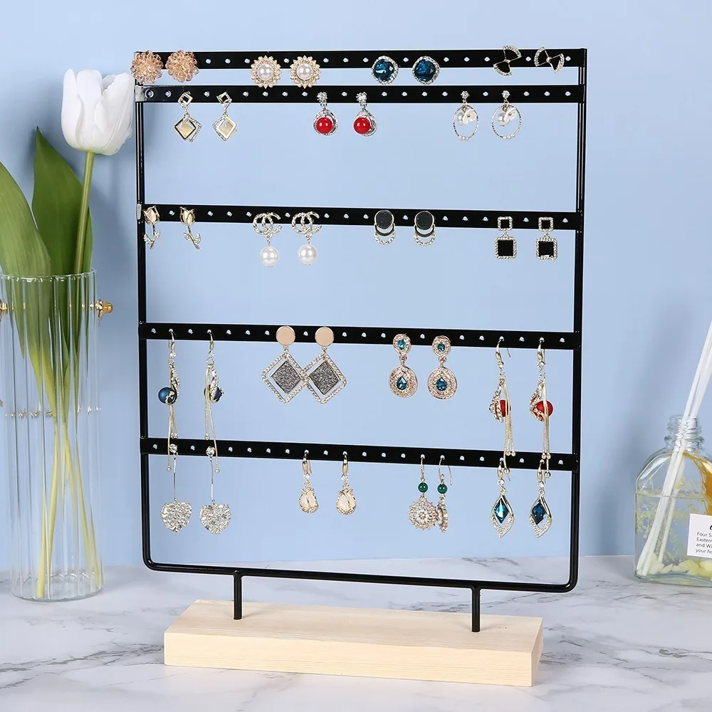 

Stylish Metal Earring Display Holder 5-Tiers 110 Holes Ear Stud Rack Tree Design Wooden Base Jewelry Organizer Home Organization