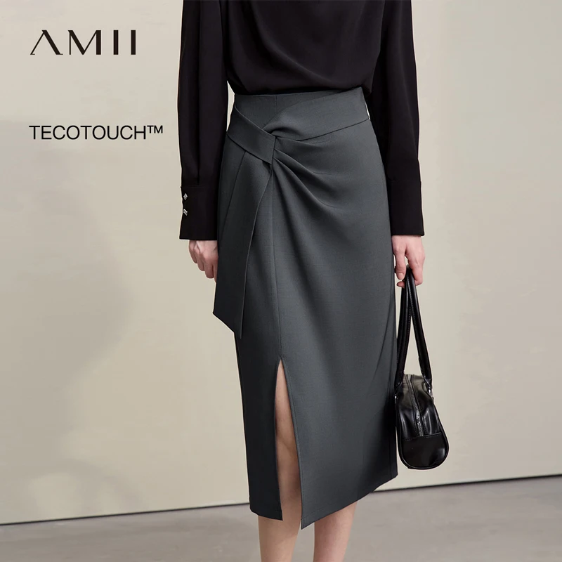 Amii Women's Skirt 2026 Autumn New H-Line Elegant Anti-wrinkle Split Skirt Solid Mid-length Versatile Woman Clothes 12621005