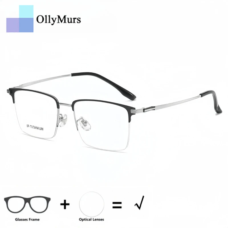 

OLLYMURS Business Men's Half-Frame Glasses Ultra-Light Pure Titanium Fashion Square Big Size Optical Prescription Eyeglasses