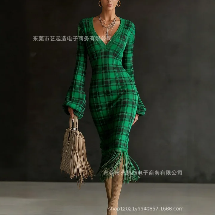 2026 New Fashion Printed Knitted Slim Fit Hip Dress Women Spring Sexy Elegant Retro Tassel V-Neck Long Sleeve Dresses For Women