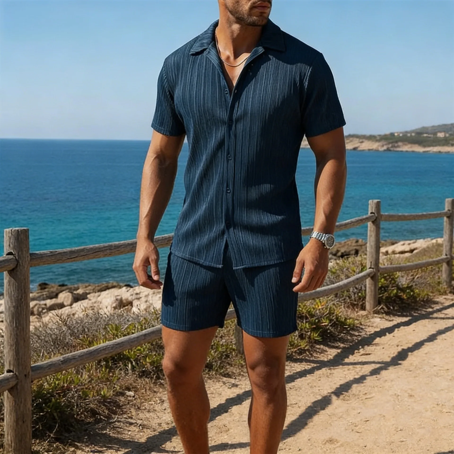 European American Mens Elegant Short Sleeve Set Spring Summer Fashion Button Down Shirt Vacation Style sportswear set ventilate