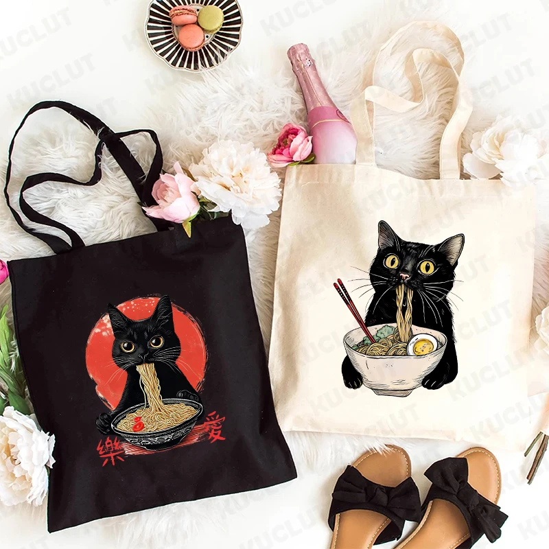 Tote Bags Noodle Cat Cartoon Women's Handbags Vintage Canvas Funny Cute Shoulder Bags Reusable Women Shopping Bag