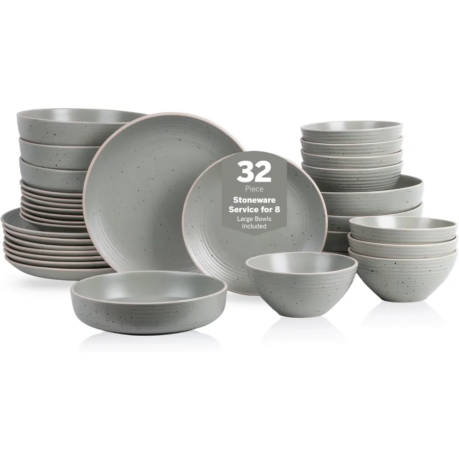 

Набор зеленой посуды в деревенском стиле с крапками для 8 человек. Керамические тарелки и миски из 32 предметов с естественной текстурой. Идеально подходит для повседневного дини.