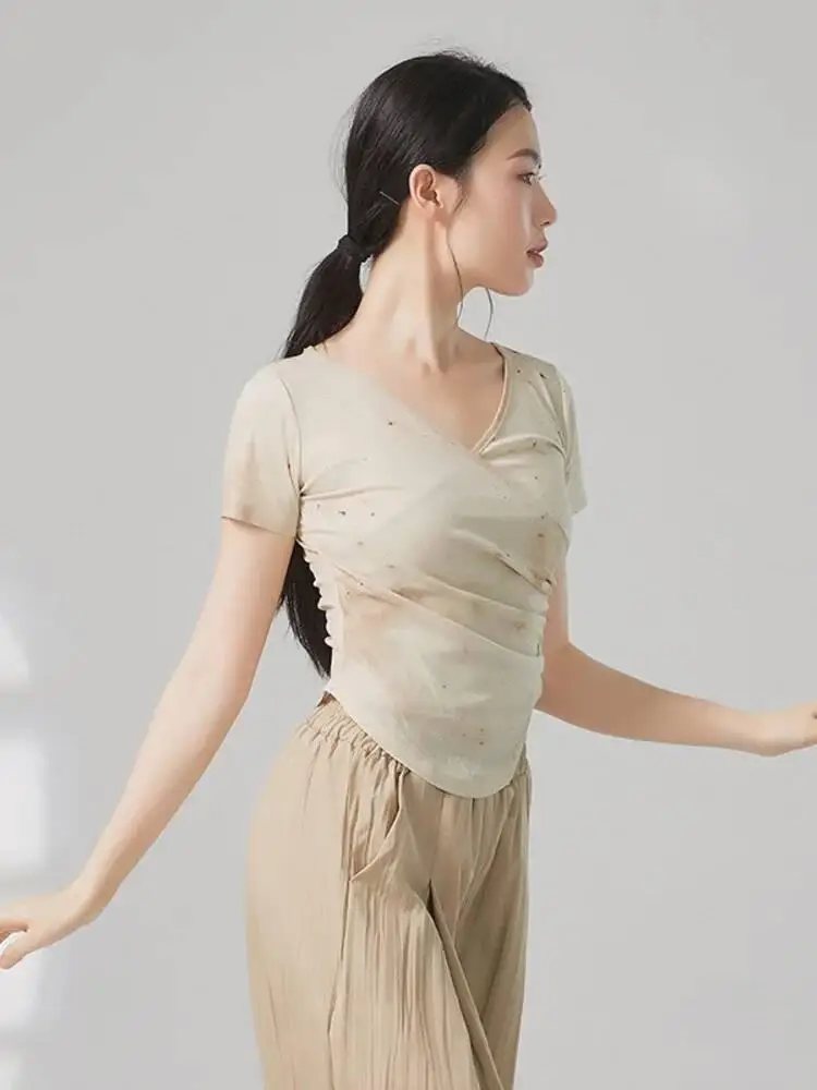 Tie Dye V คอแขนสั้น SLIM FIT Dance TOP ผู้หญิงโมเดิร์นร่วมสมัยบัลเล่ต์แจ๊สฝึก STAGE Performance ศิลปะเสื้อ