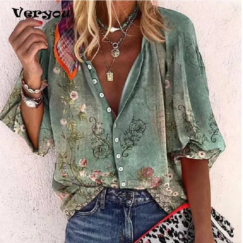 Camisa casual elegante estampada vintage feminina, de peito único, blusas soltas com decote em v, blusa feminina, primavera, verão, 2024