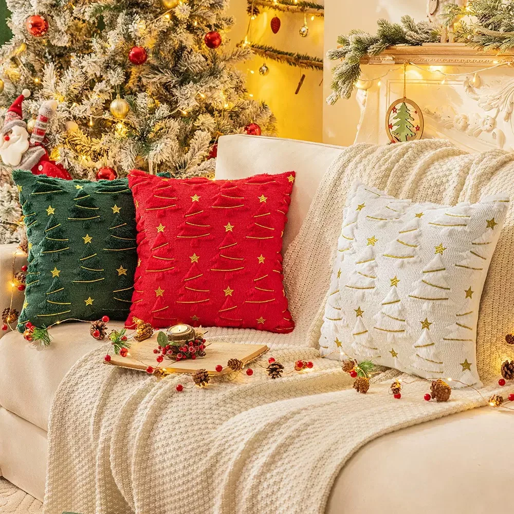 Grüne Weihnachtsbaum-Kissenbezüge, 45,7 x 45,7 cm, goldene Stern-Stickerei, Dekor, weicher Plüsch, Kunstpelz, Weihnachtsbaum-Überwurf-Kissenbezüge