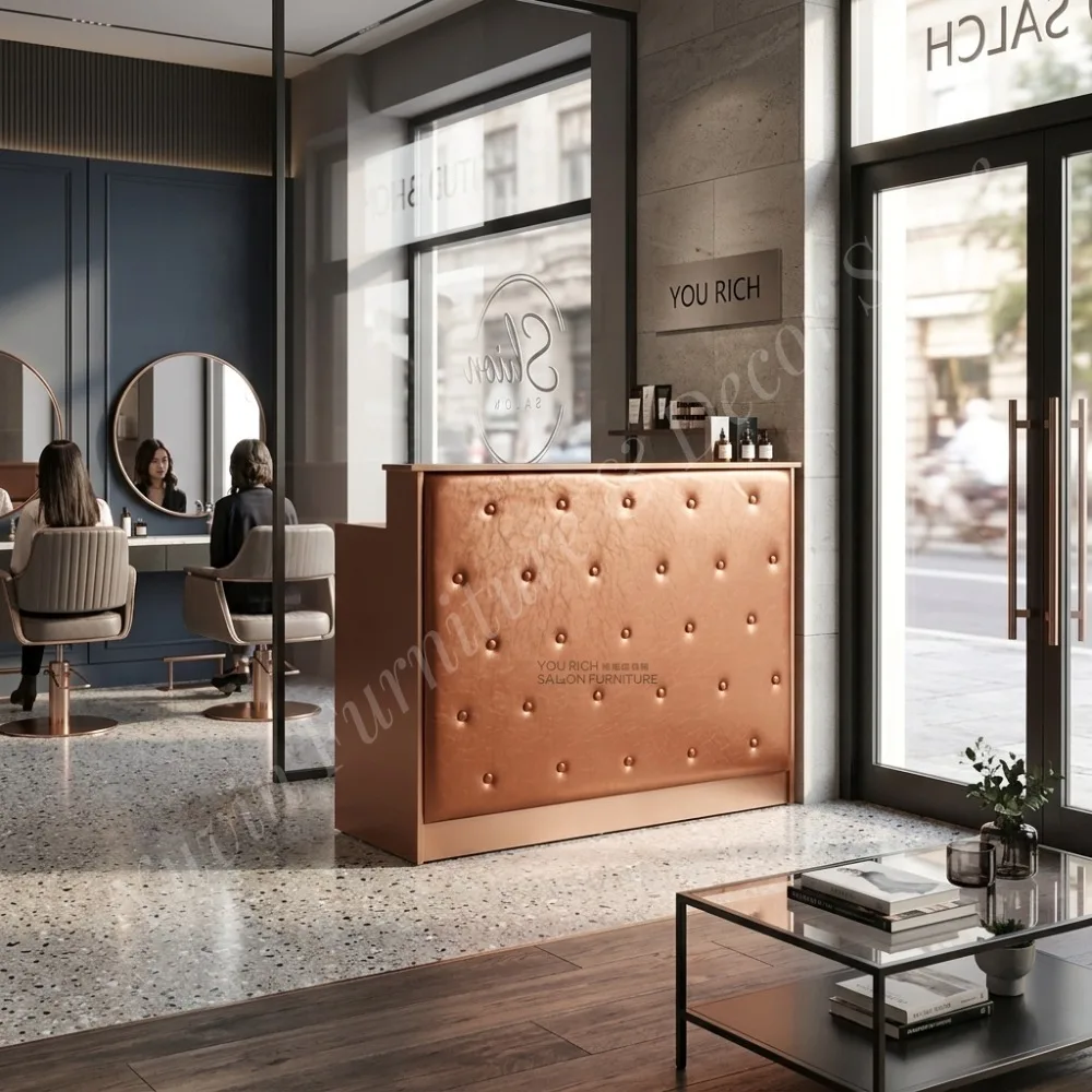 Slim Orange Reception Counter, Premium Tufted  Leather Front Desk for Salon & Spa