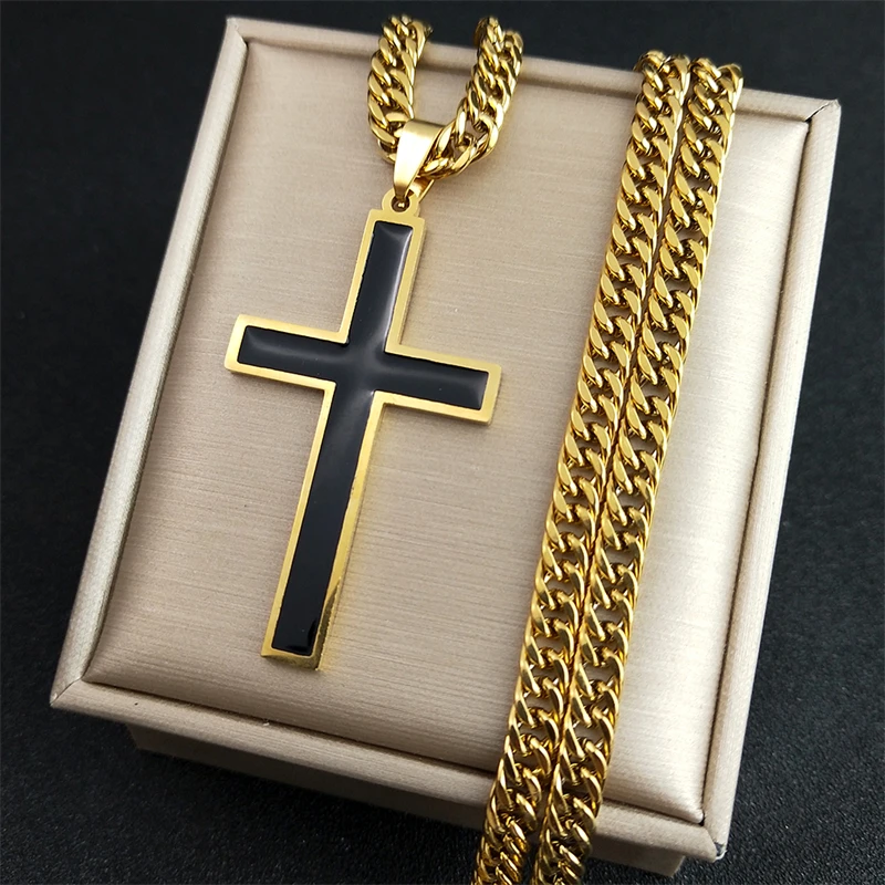 Collar con colgante de Cruz Negra Punk Hip Hop para hombres y mujeres, acero inoxidable, Color dorado, cadena de Jesús Cristo, collar de joyería N8236S0