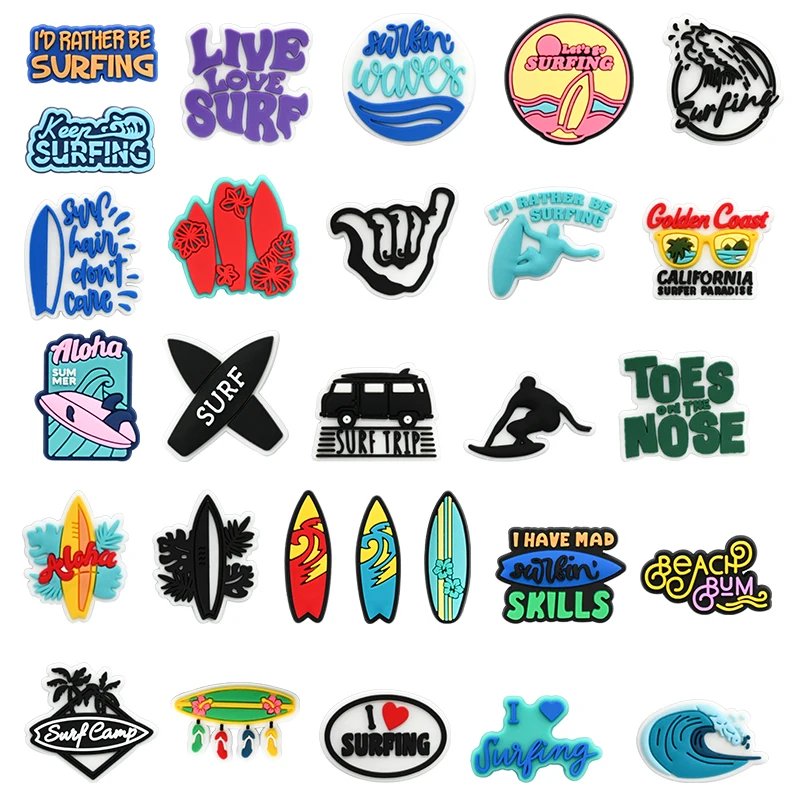 1PC Surfing Theme Shoe Charms I Love Surf Board Sea Wave PVC Shoe Buckle Accessory Personality Sport Athlete Funny Party Present