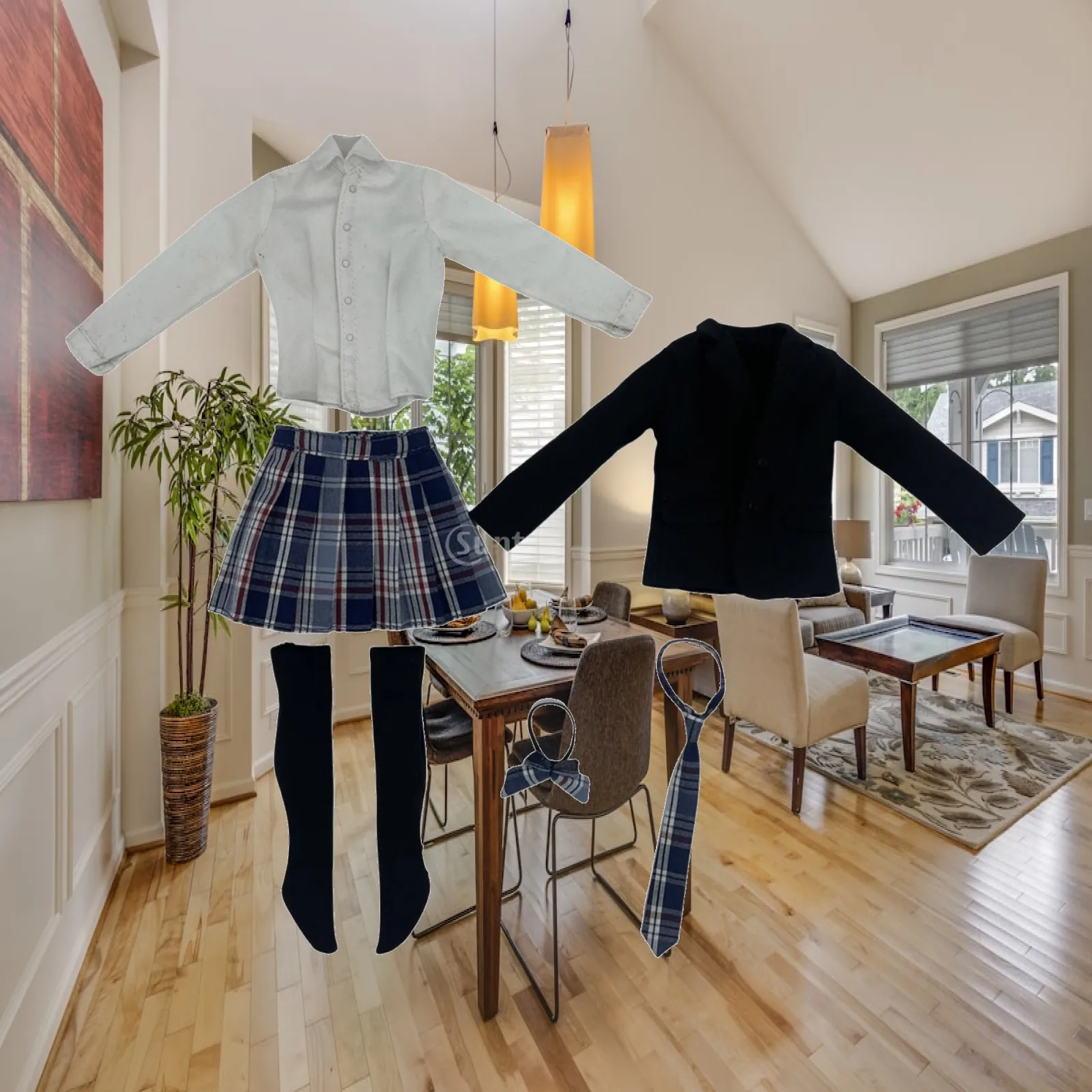 1/6 Scale Girl Figure Short Skirt 6 Piece Set Coat Skirt Sock Bow Tie Miniature Clothing for 12" Dress up Action Figures Accs