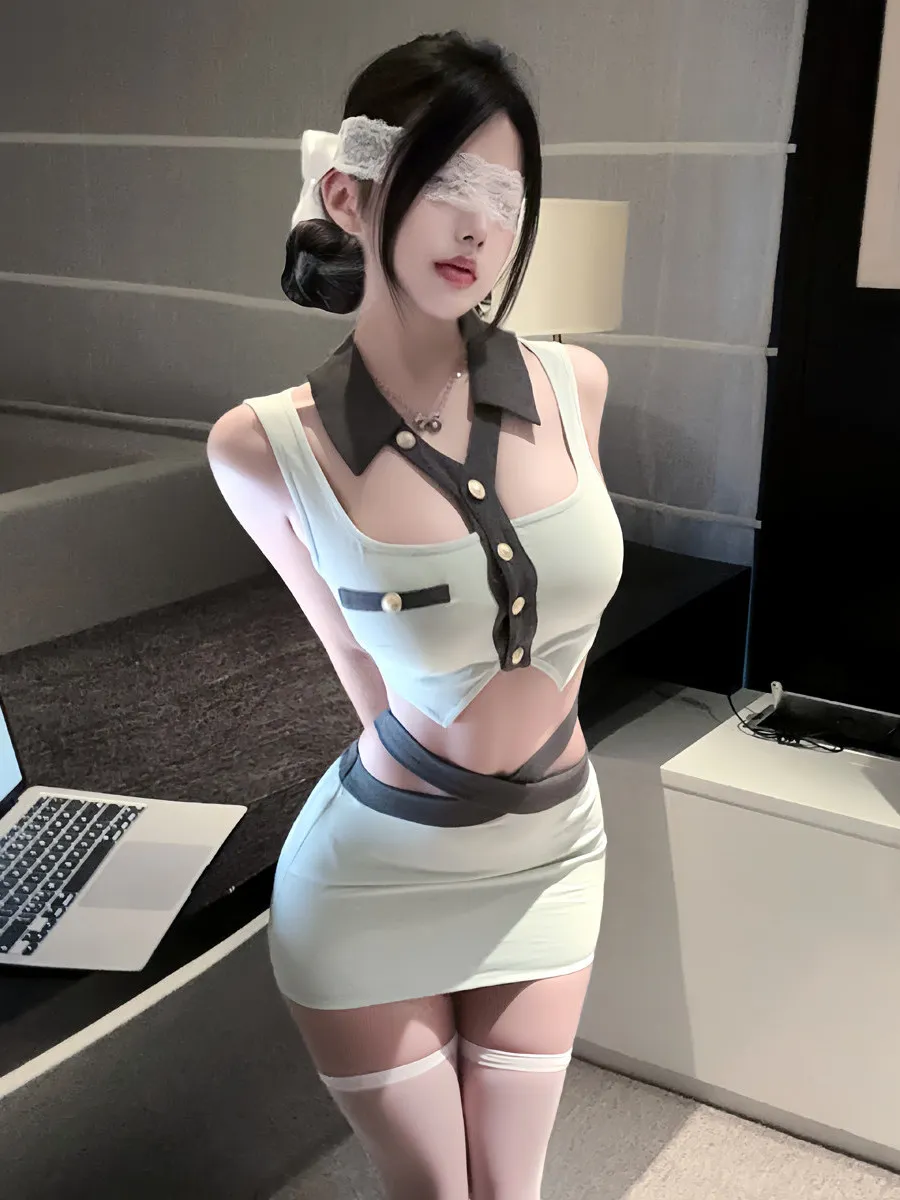Pure Desire Lady Design Flip Collar Color Block Sleeveless OL Teacher Uniform Top And Short Skirt Set Tight Fit Bodycon Style