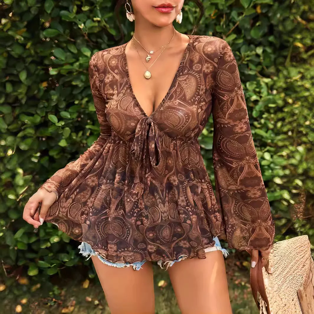 Sexy Deep V-neck Print Shirts & Blouses Women Fashon Lantern Sleeve Lace Up Shirt Top Spring Summer Boho Beach Holiday Mesh Tops