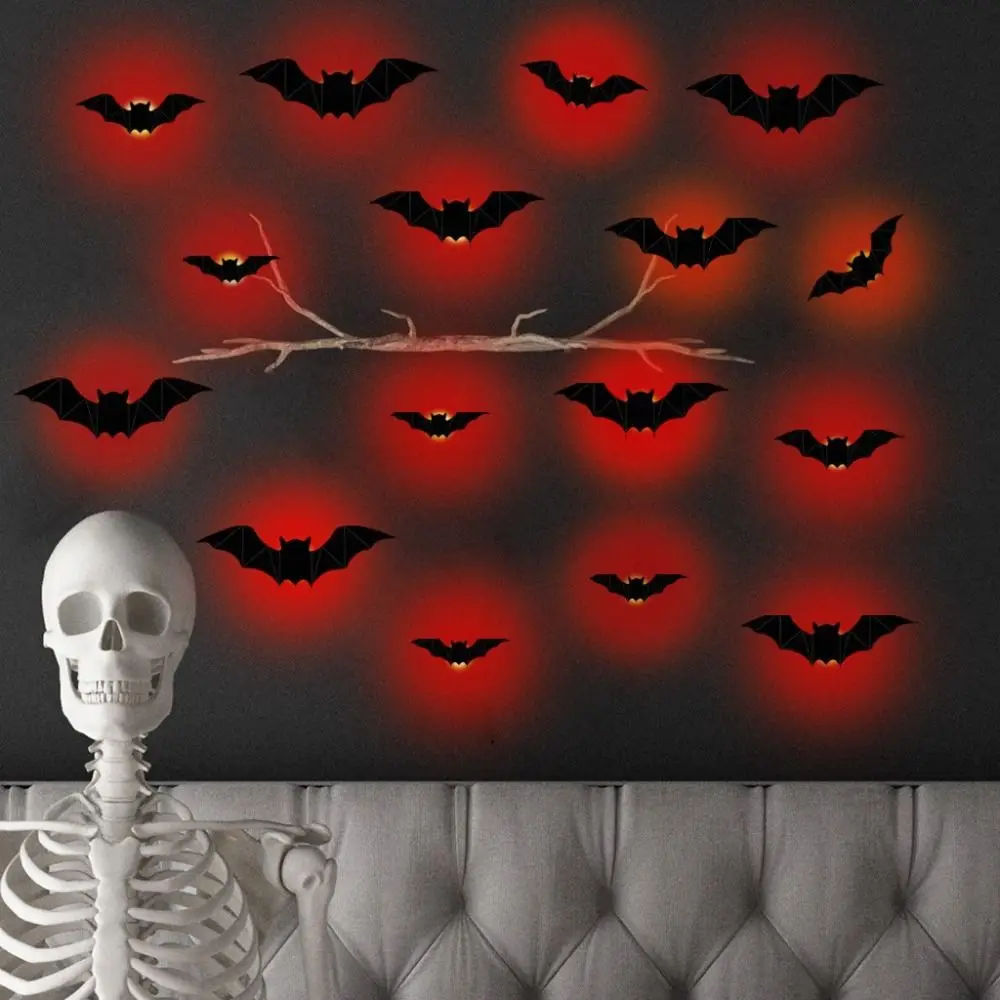 16pcs 3D Luminous Bat Wall Sticker Stereoscopic Self-Adhesive Glowing Wall Sticker Glow in Dark PET Material Night Light Bat