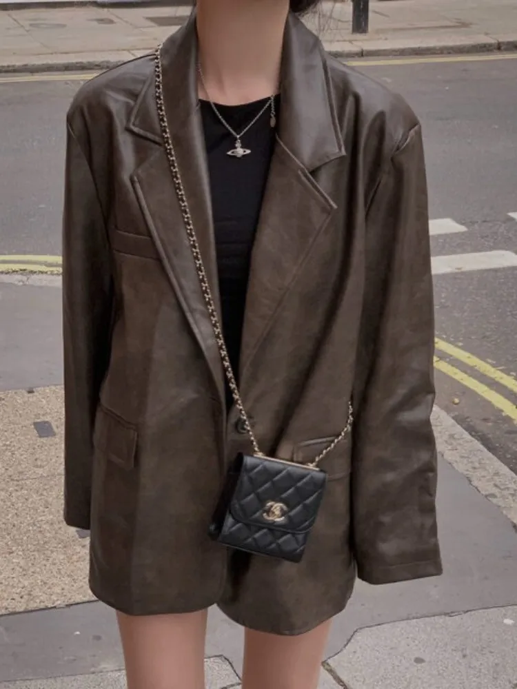 Elegante Giacca in Ecopelle Marrone Autunno Inverno, Cappotto Retrò Americano alla Moda per Donna, Vestibilità Regolare, Stile Urbano