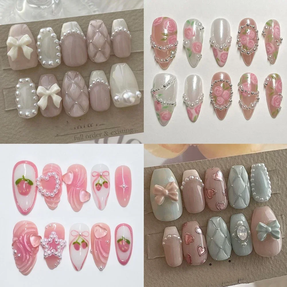 

10Pcs Handmade Almond Press On Nail Art Pink Flower Gel Hand Manicure French Simple Pearl Design Customizable Fake Nails Gift