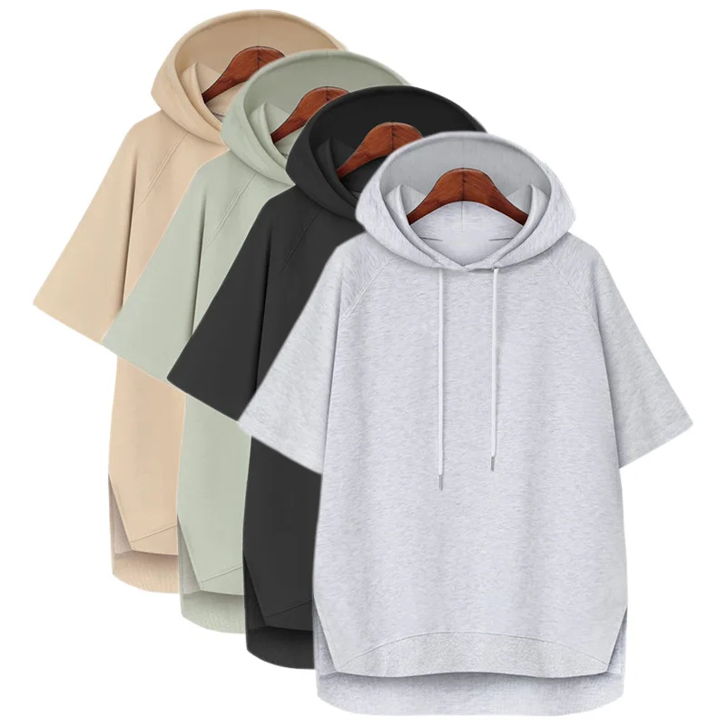 Summer Thin Short Raglan Sleeve Hooded Hoodies Korean Style Split Solid Color Pullovers Drawstring Casual All-Matched Sweatshirt