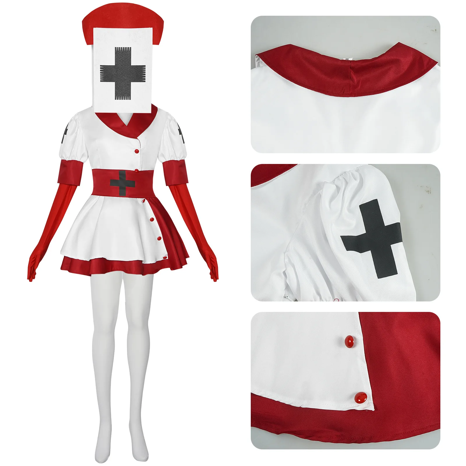 Tema do jogo enfermeira cosplay colheitadeira vermelho branco vestido de luxo traje halloween carnaval festa cruz chapéu