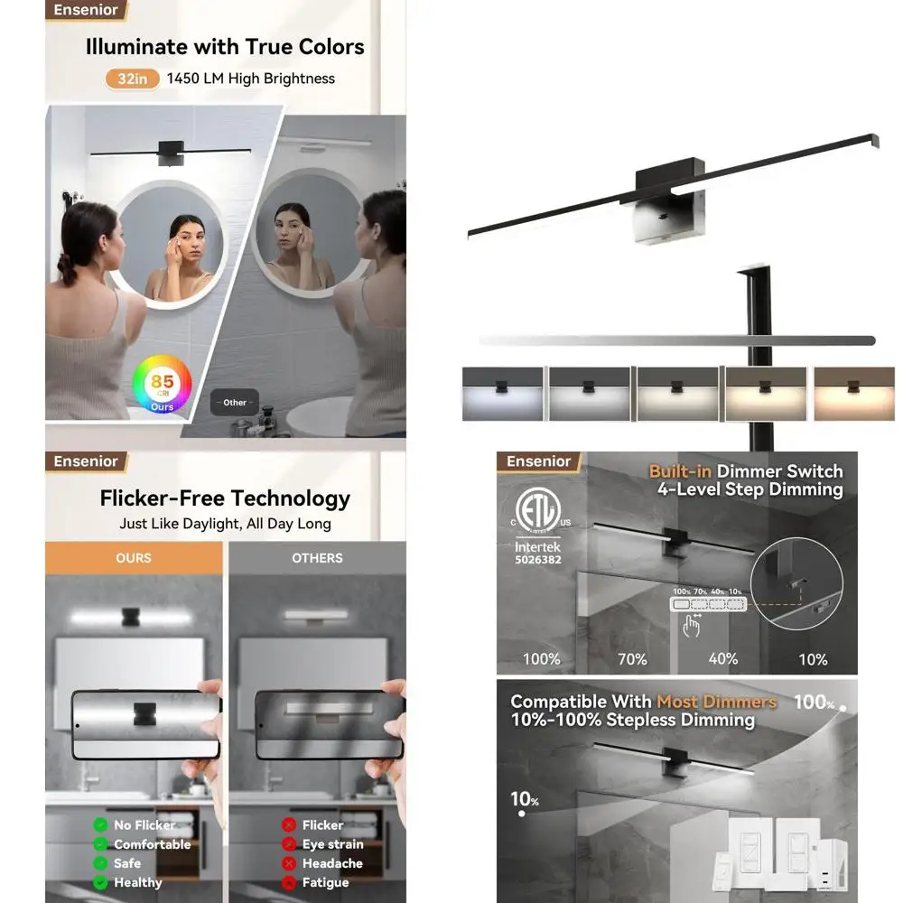 

Светодиодный светильник для зеркала с 32 диммируемыми светодиодами, 18,5 Вт, 5CCT, черный, для ванных комнат и спален - сертифицирован FCC и ETL