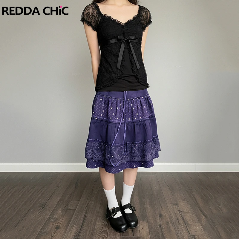 

Юбка ReddaChic в богемном стиле, фиолетовая, летняя, миди, с кружевной отделкой, оборками, А-силуэт, на резинке, многоярусная, ретро, женская одежда