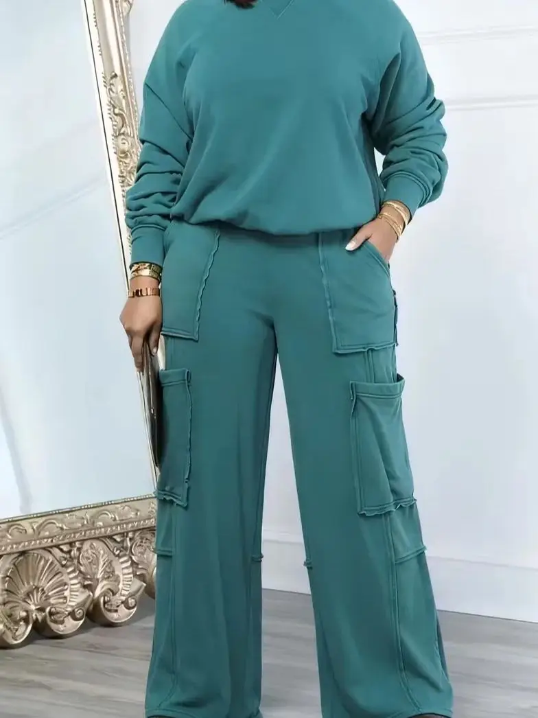 Women'S Casual Two-Piece Sports Suit - Long Sleeve Crew Neck Top & Pocket Trousers, Solid Color, Regular Fit, All-Season Comfort