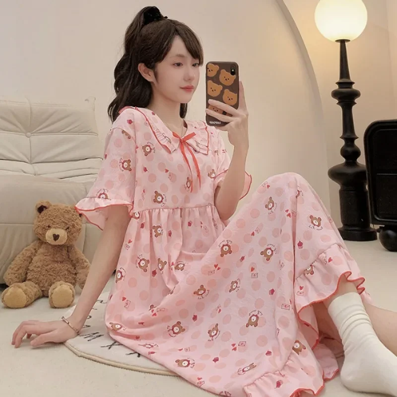 Ins Trend 140kg Large Size Loose Home Dress Women\'s Summer Thin Pajamas Loungewear Students Short Sleeve Princess Sleepshirts