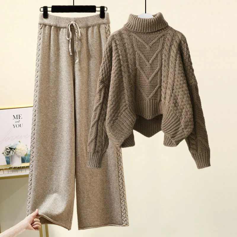 

Sweater Suit Women Knitting 2 Piece Sets Pullover Top Jumper Turtleneck Wide Leg Pants Ensemble Winter Thick Knitwear Outfits