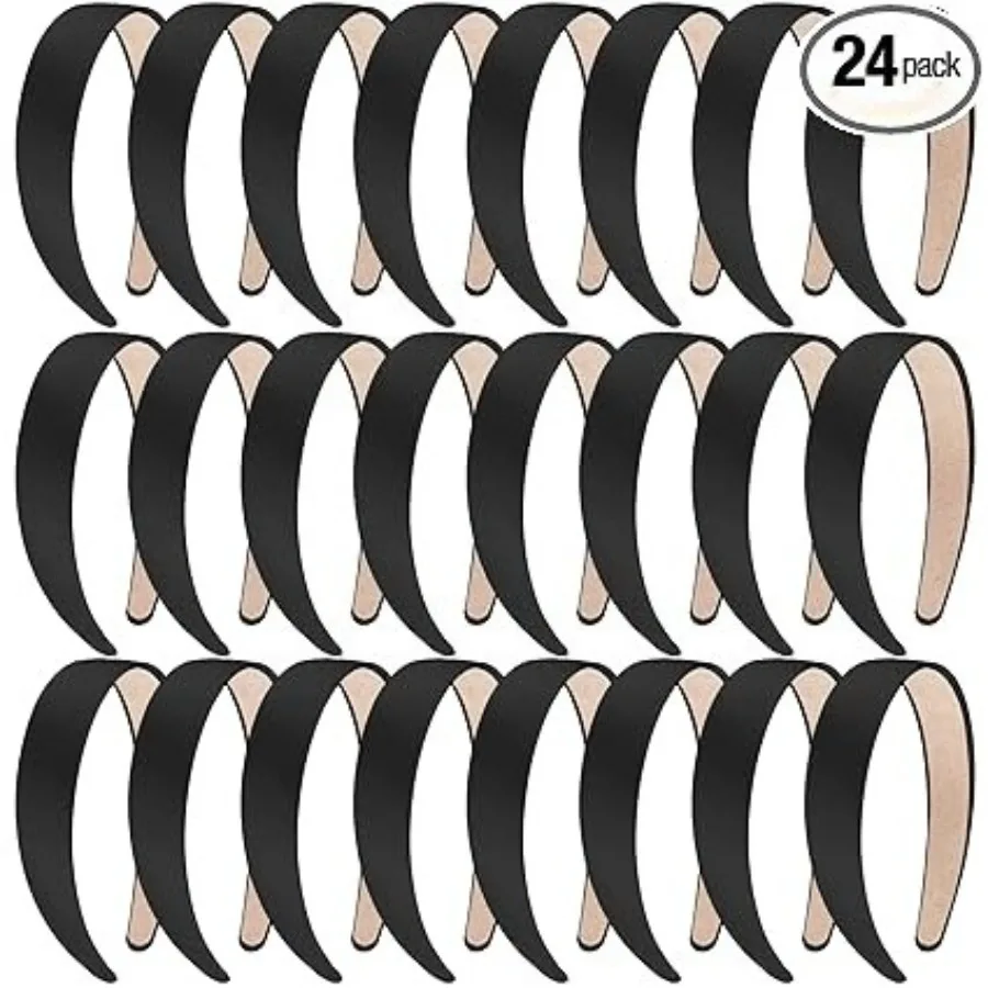

24 Pieces Black Satin Headbands 1 Inch Wide Headband DIY Plain Headbands Non-slip Headband for Women and Girls, Black