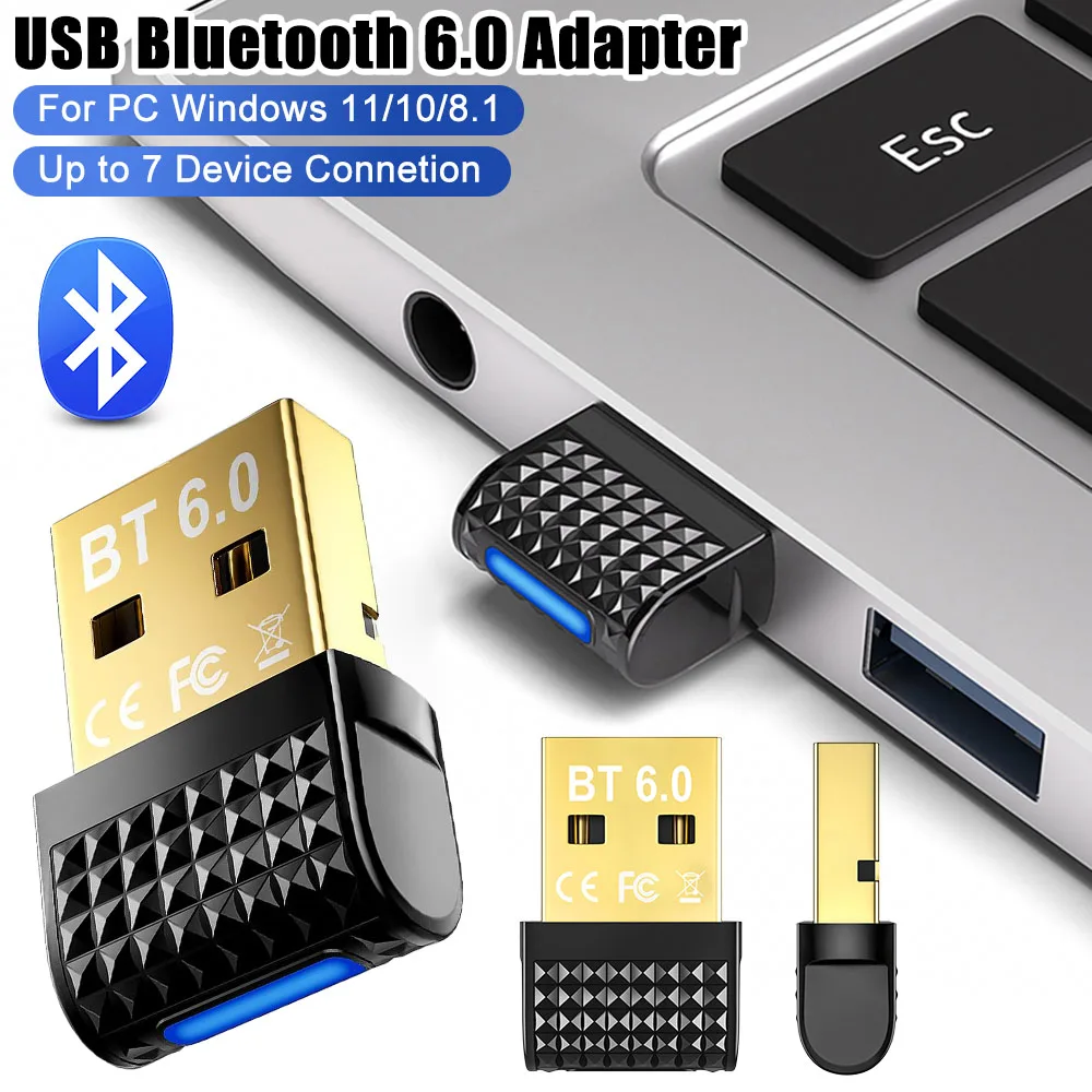 

Bluetooth6.0 USB Adapter Bluetooth Receiver Transmitter Dongle Multi-Device Connection For PC Windows 11/10/8.1 Keyboard/Mouse