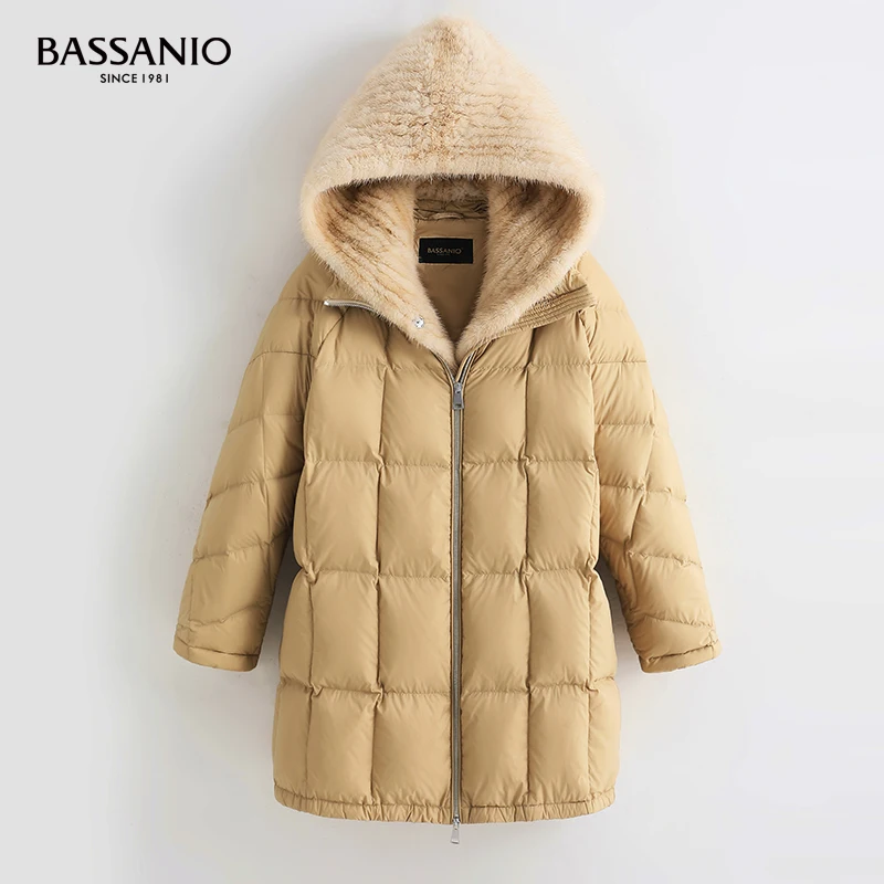 Casaco de pele de vison tecido feminino com capuz para baixo casaco de inverno quente outwear ganso branco para baixo