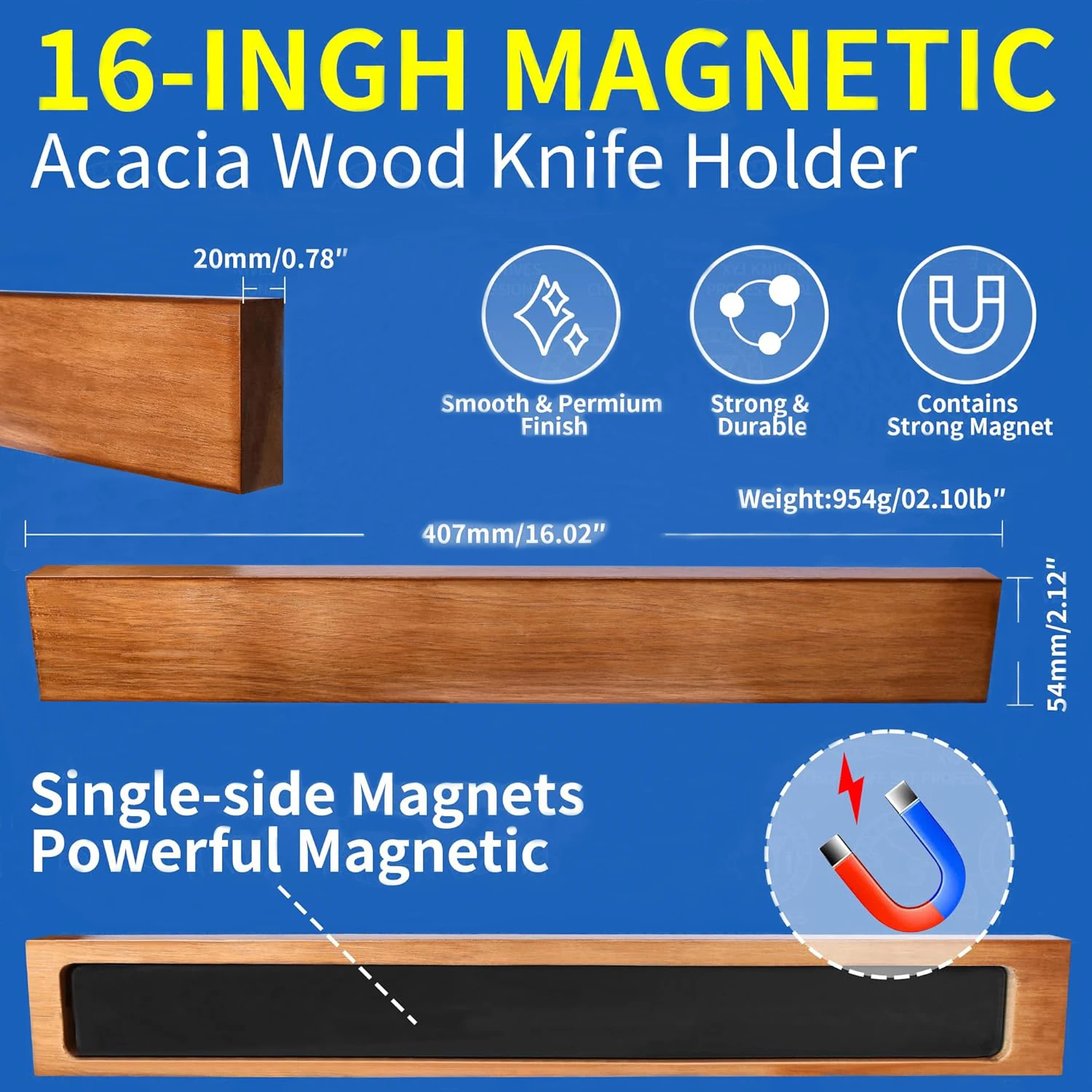 Magnetic Knife Strip Holder for Wall with Strong Neodymium Acacia Wood Magnet Knife Rack Bar Stand for Knives Kitchen Tools