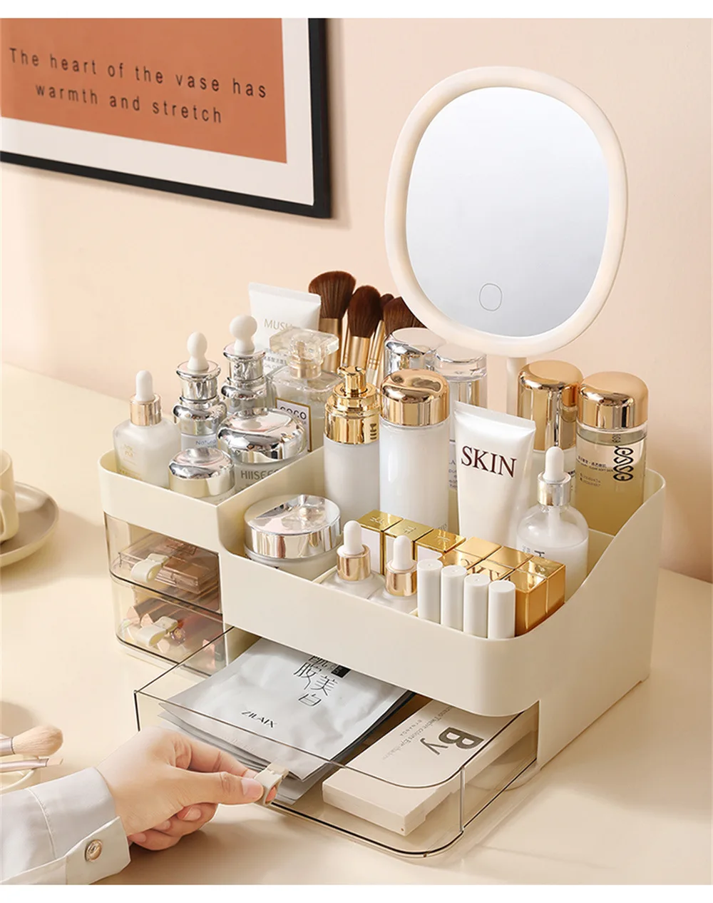 Chic Drawer-Style Cosmetic Organizer With Mirror - Portable Makeup Storage Box For Skincare, Lipstick & More