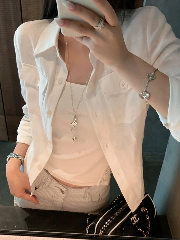 

Льняная рубашка Heydle Summer Original Design с коротким рукавом, белая, женская, тонкая, с защитой от солнца, укороченная, свободного кроя, из чистого хлопка.