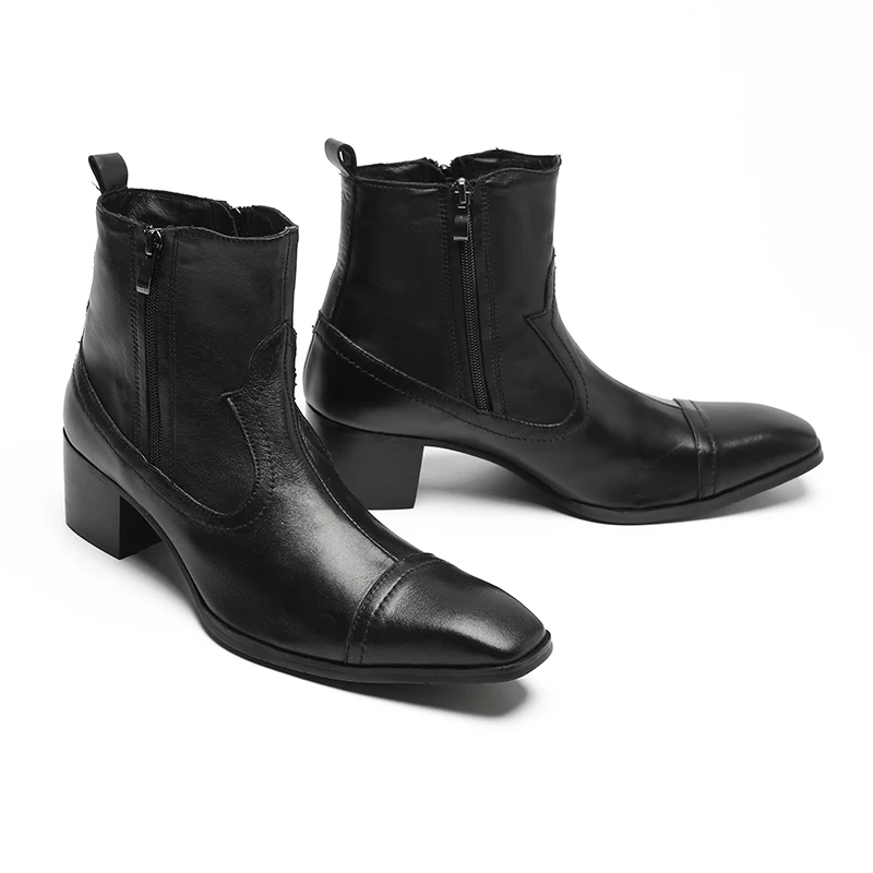 Fashion Balck Pointed Toe Ankle Boots Leisure Zipper Autumn and Winter Short Boots Social High Heel Real Leather Man Dress Boots