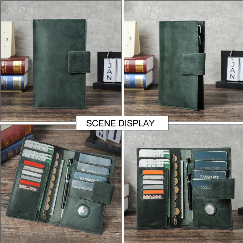 HTS-M1359 Vintage Crazy Horse Skin RFID Genuine Leather Passport Clip Airtag Anti Loss Device Position Travel Passport Bag