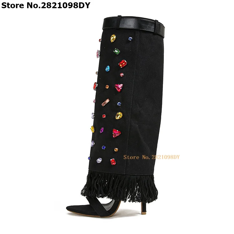 

Black Demin with Gem Cut Out Thin High Heel Shoes Pointy Toe Stiletto Heeled Knee Boots Women Open Toe Fold Over Long Bota