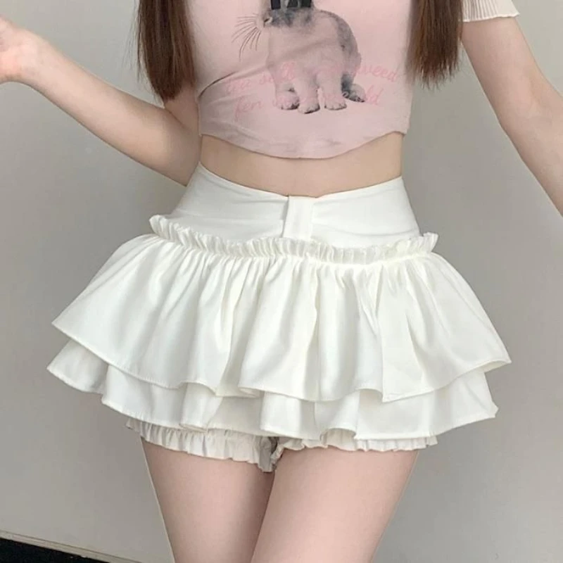 

Women Micro Mini Skirts with Bulit-in Shorts Ruffled Trim Elastic Waist Miniskirt Skort Sukapan Teen-girl Kawaii Harajuku Outfit