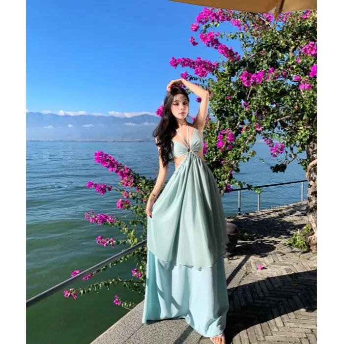 

Романтическая мятная пляжная юбка-макси с высокой талией для отпуска, воланами и красивым декором