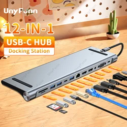 Estación de acoplamiento tipo C Hub 12 en 1 con pantalla Dual HDTV, 3 puertos USB, adaptador de lector de tarjetas SD TF, Ethernet, Audio auxiliar de 3,5mm para PC y Mac