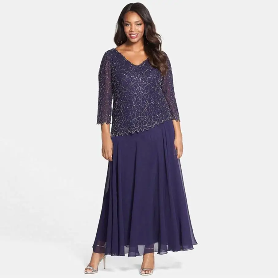 Modest Long Sleeves Lace Mother Of The Bride Dresses A Line V Neck Beaded Wedding Guest Dress Ankle Length Chiffon Evening Gowns