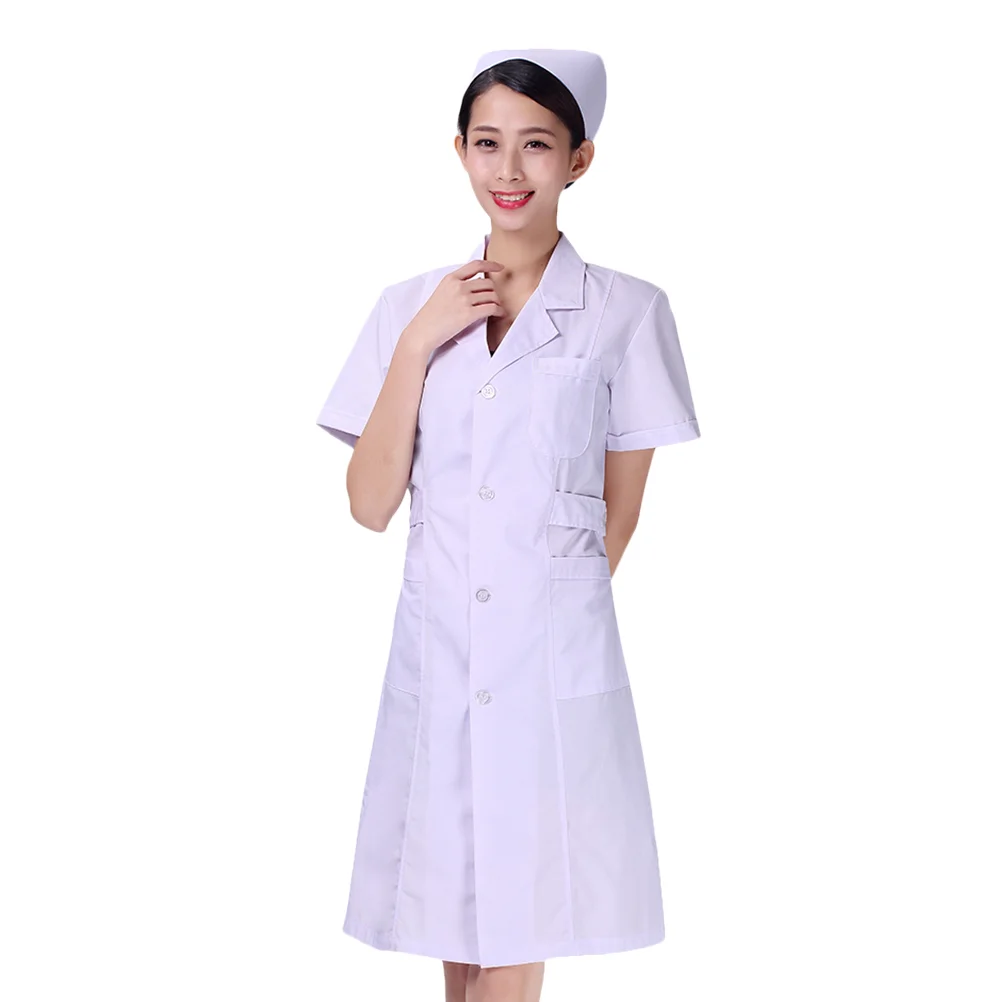 

White Short Sleeve Uniform Beautician Nursing White Coat Cotton Hospital Apparel Clothes V Neck Labour Costume Phar