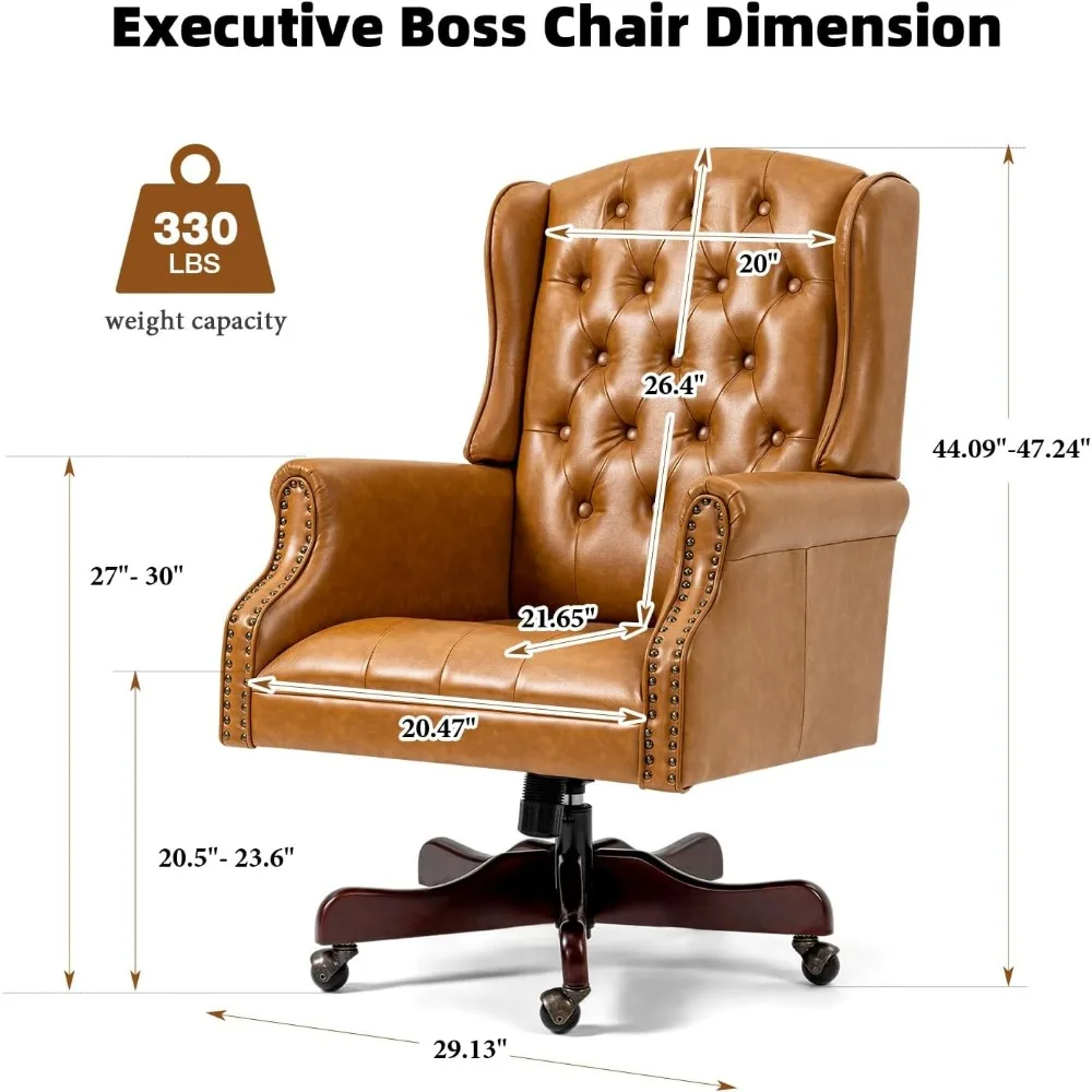 Tufted Office Chair, Faux Leather Executive Desk Chair w/High Back & Nail Head Trim, Ergonomic Wingback PC Chair for Home