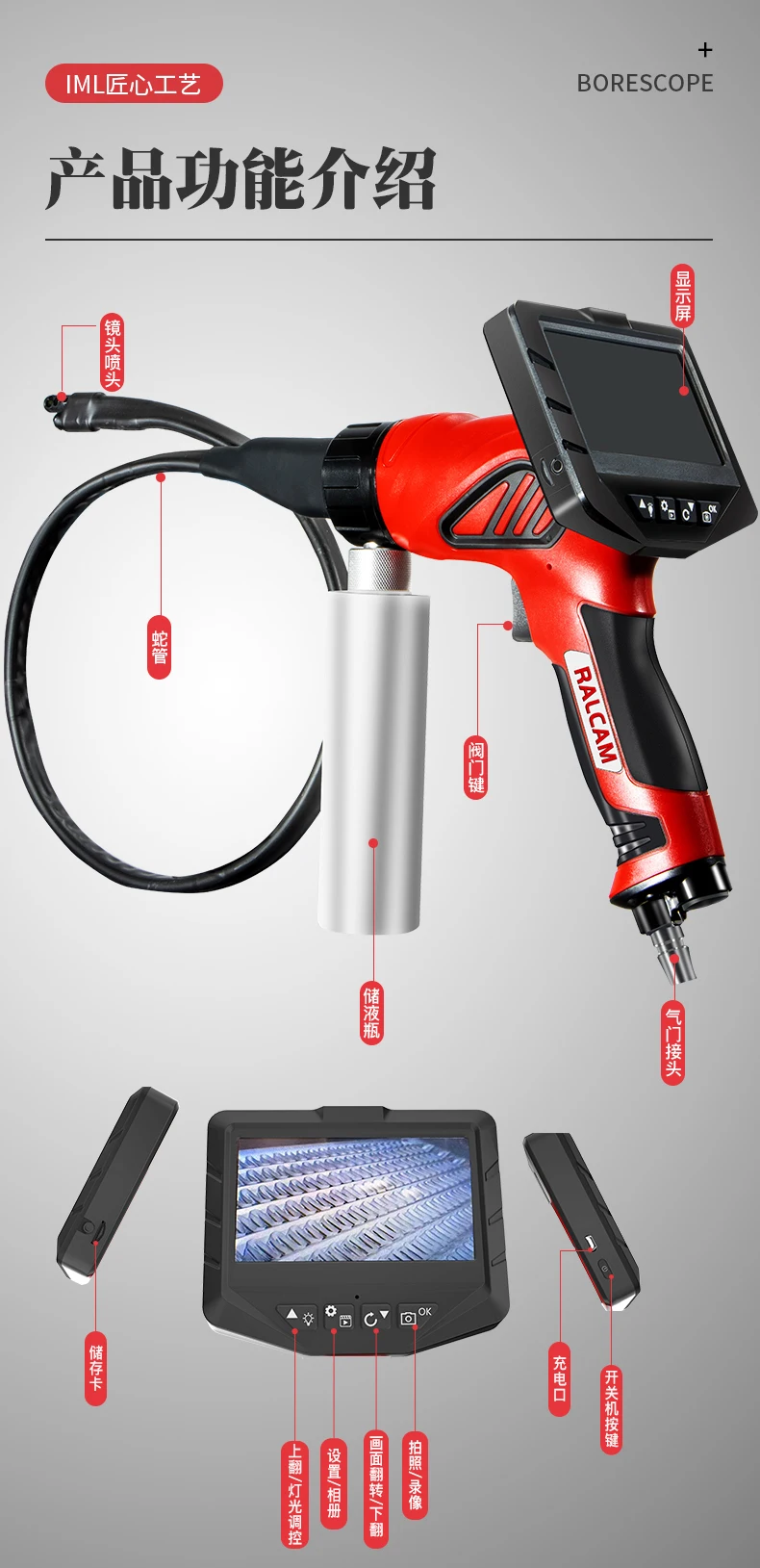 Schermo IPS da 4.3 pollici 2MP 1080P Vista laterale Spruzzatura laterale Endoscopio industriale Fotocamera Auto Aria condizionata Pulizia CMOS Periscopio