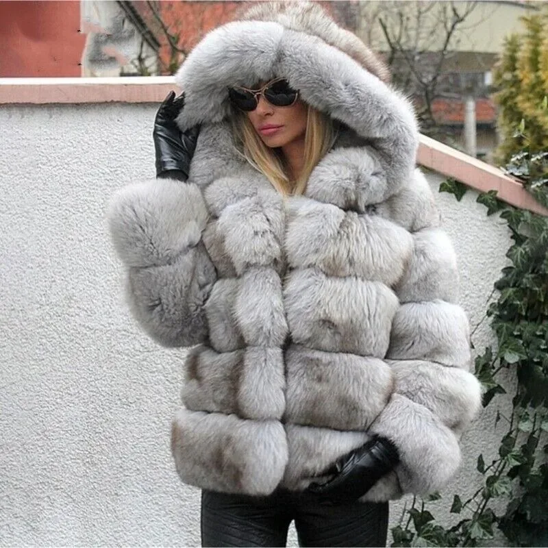 Women's Real Fox Fur Coat Natural Genuine Hood Winter Thick Outwear Trend Fashionable Women's Clothing