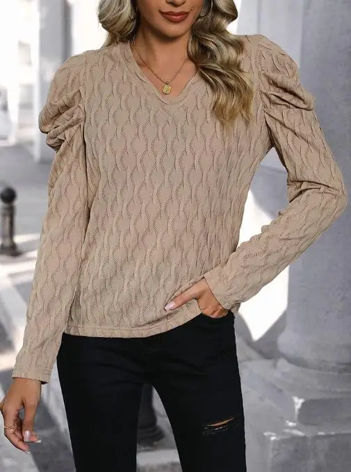 

Female V-Neck Textured Solid Color T-Shirt with Long Sleeve Casual Pullover Shirt for Temperament Commuting Women's Top