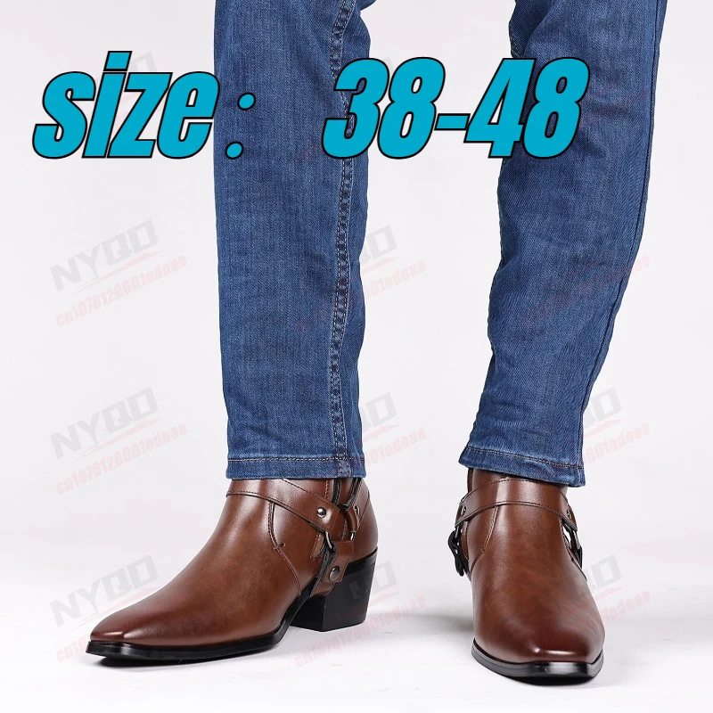 

38-48 Men Boots Mid Calf Western Cowboy Motorcycle Boots Male Autumn Outdoor PU Leather Retro Designed Men Shoes